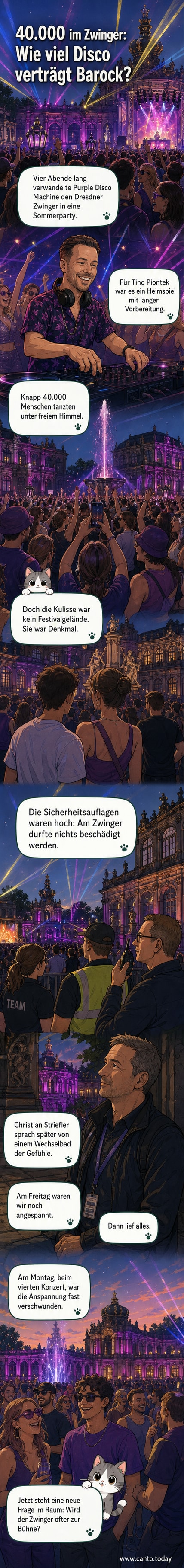 Tausende Menschen tanzen nachts im Dresdner Zwinger unter lila Beleuchtung, während ein DJ auf der Bühne Musik spielt.