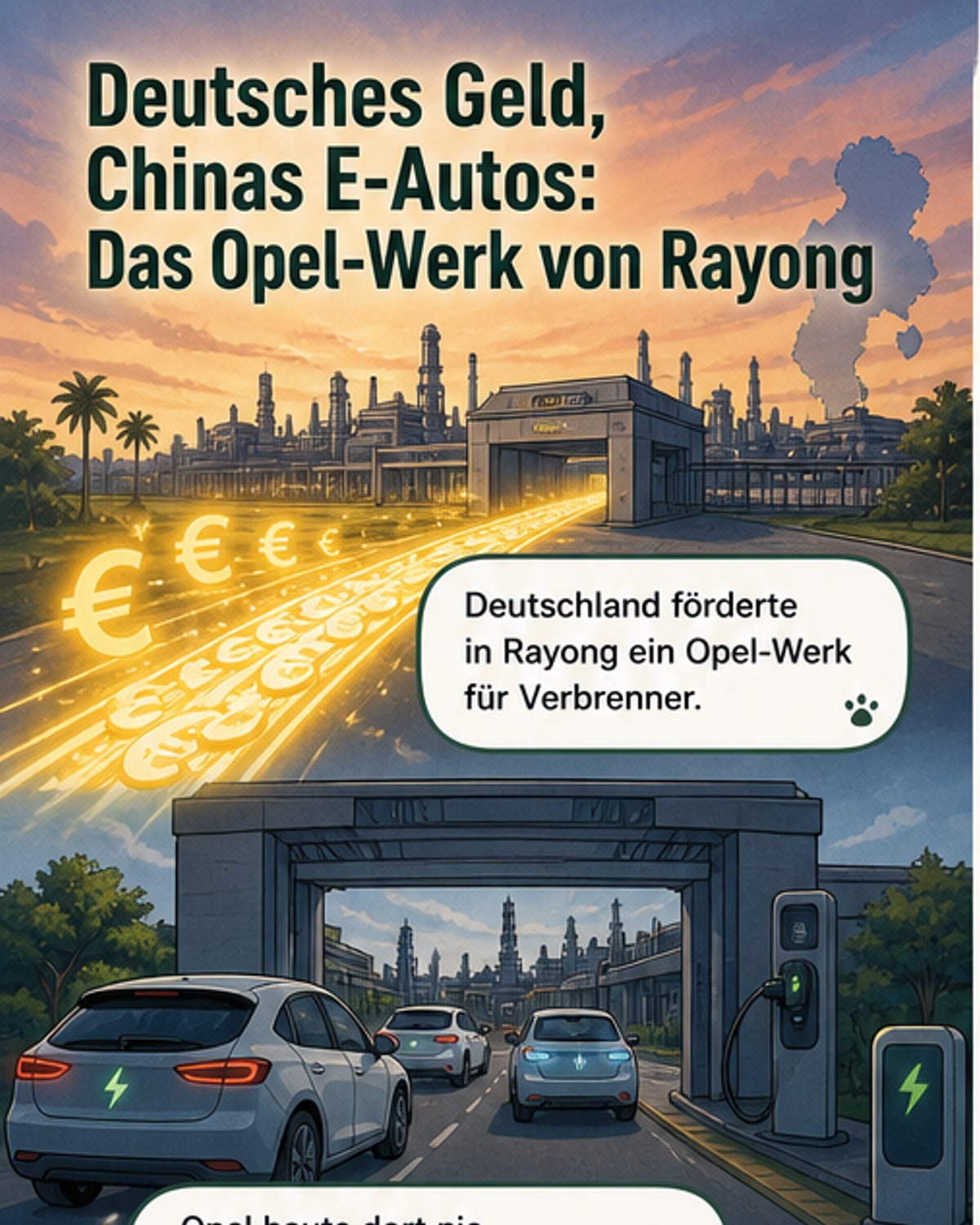Ein KI-generiertes Bild zeigt ein Automobilwerk in Thailand mit chinesischen und deutschen Flaggen, die überlappende Gabelstapler und E-Autos zeigen.