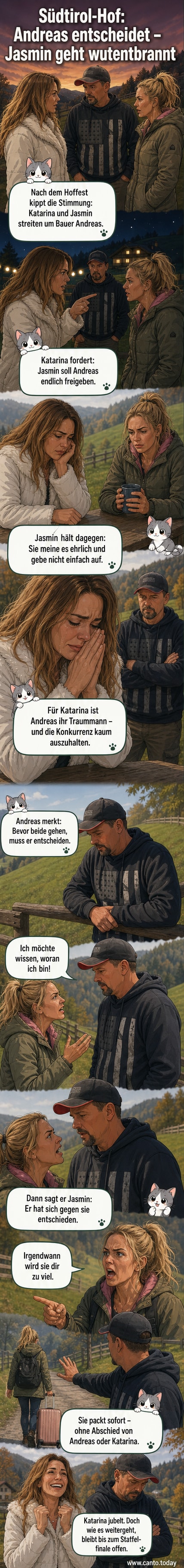 Zwei Frauen stehen sich auf einem Bauernhof in Südtirol gegenüber, eine dreht sich verärgert weg, während der Bauer betroffen dazwischensteht.