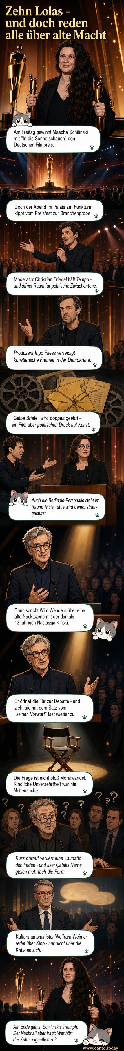 Regisseurin Mascha Schilinski hält zwei Goldene Lolas, darunter die Hauptauszeichnung, im Scheinwerferlicht der Bühne.