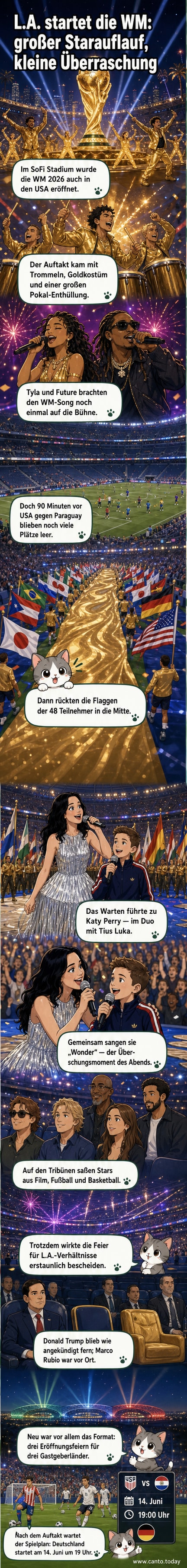 Katy Perry und der norwegische Sänger Tius Luka treten gemeinsam auf der Bühne der WM-Eröffnungsfeier in Los Angeles auf, umringt von den Flaggen der teilnehmenden Nationen.