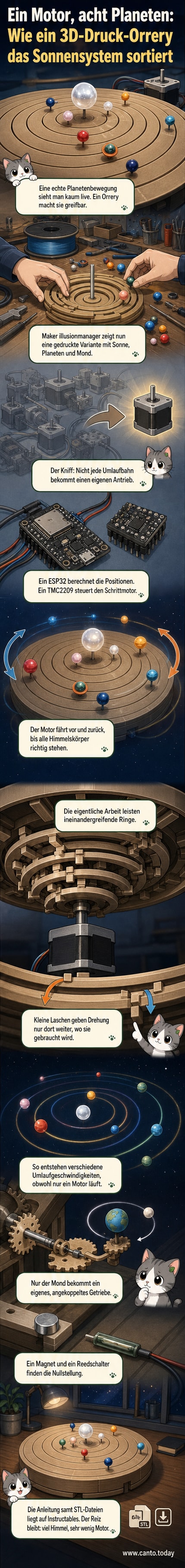 Ein 3D-gedrucktes Modell des Sonnensystems mit zentraler Achse und kreisenden Planetenringen, angetrieben von nur einem Motor.