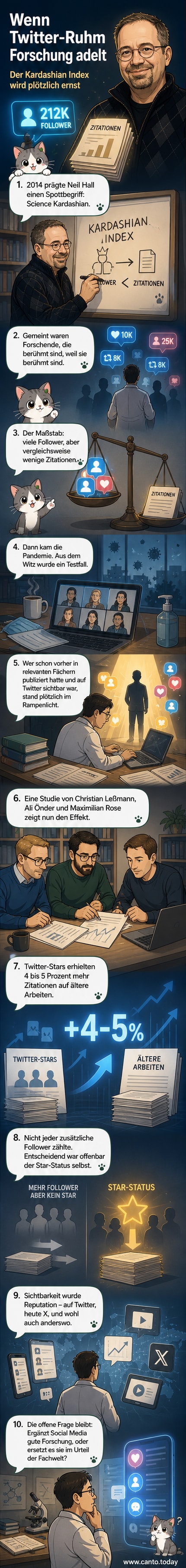 Illustration eines Wissenschaftlers mit Smartphone, umgeben von Followern und Zitierungen, während ein Index-Wert steigt.