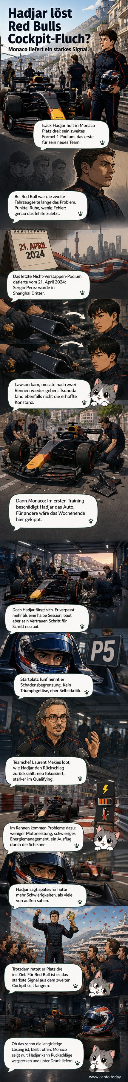 Isack Hadjar feiert auf dem Podium in Monaco, umgeben von Teammitgliedern und Fans, während die Sonne über dem Hafen scheint.