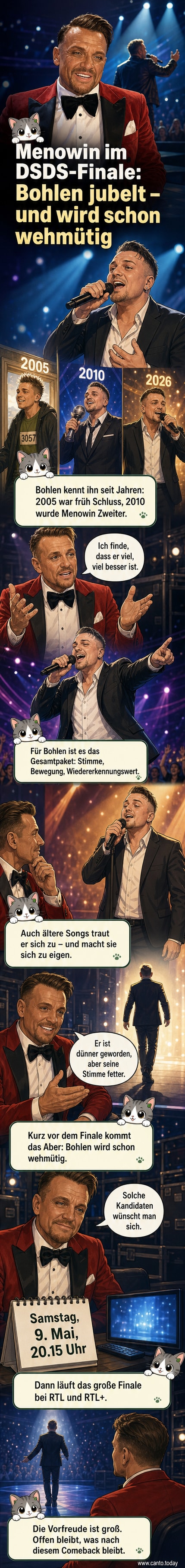 Dieter Bohlen lächelt in die Kamera, im Hintergrund Bühnenlichter und der Name 'Menowin' in großen Lettern.
