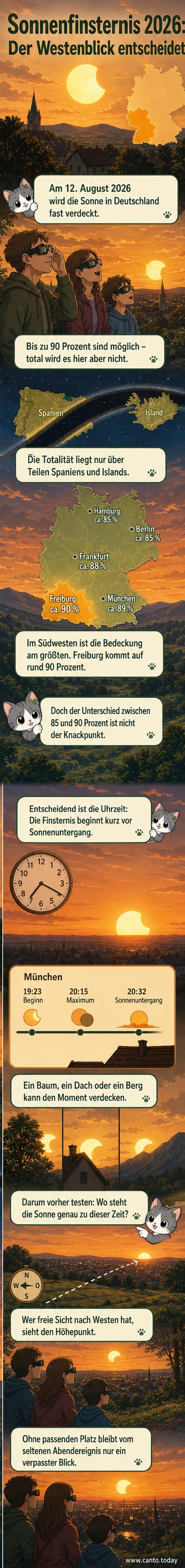 Abbildung einer partiellen Sonnenfinsternis über einem bewaldeten Horizont, mit Sonnenstrahlen hinter Bäumen hervorlugend und einer schematischen Darstellung des Mondes vor der Sonne.