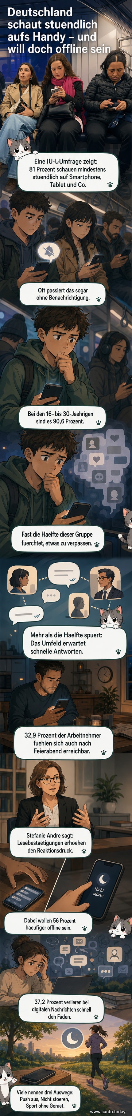 Eine Person sitzt am Tisch, schaut auf das Smartphone, während daneben ein Schild mit 'Offline' liegt.