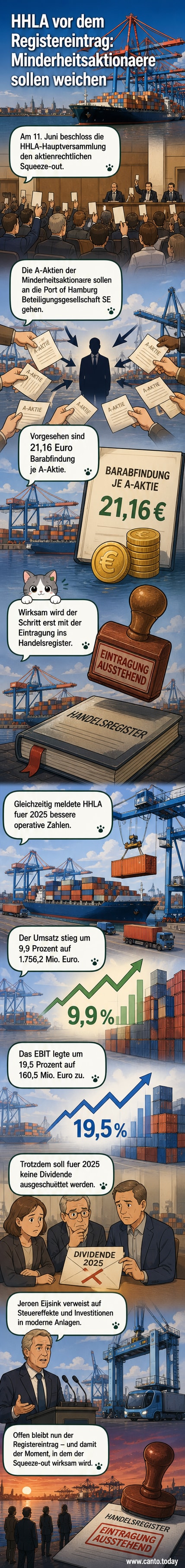Illustration des Hamburger Hafens mit Kranen und Containerschiffen, im Hintergrund das Logo der HHLA und ein Sitzungssaal mit Abstimmungshinweis.