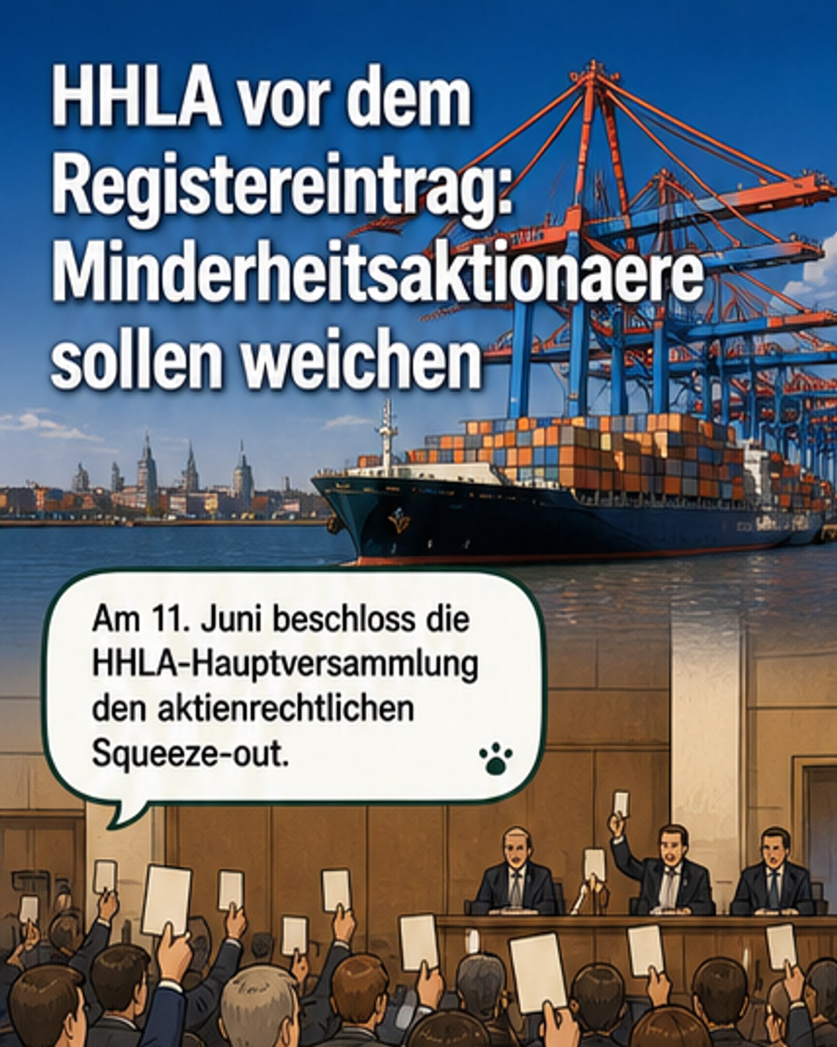 Illustration des Hamburger Hafens mit Kranen und Containerschiffen, im Hintergrund das Logo der HHLA und ein Sitzungssaal mit Abstimmungshinweis.