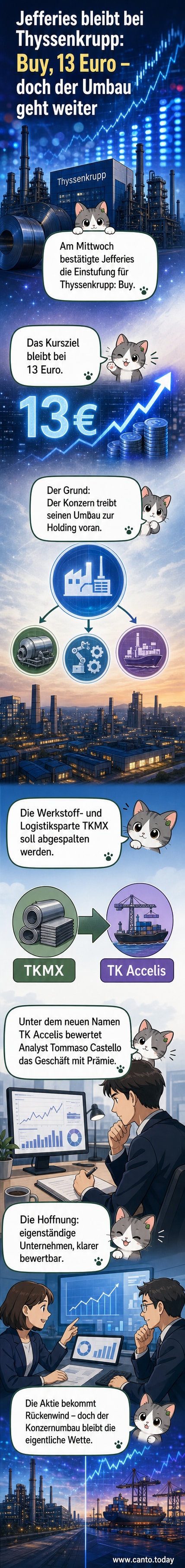 Ein Börsenmonitor zeigt den Thyssenkrupp-Aktienkurs mit der Markierung 'Buy' und dem Ziel von 13 Euro, umgeben von Analystenberichten und Firmenlogos.