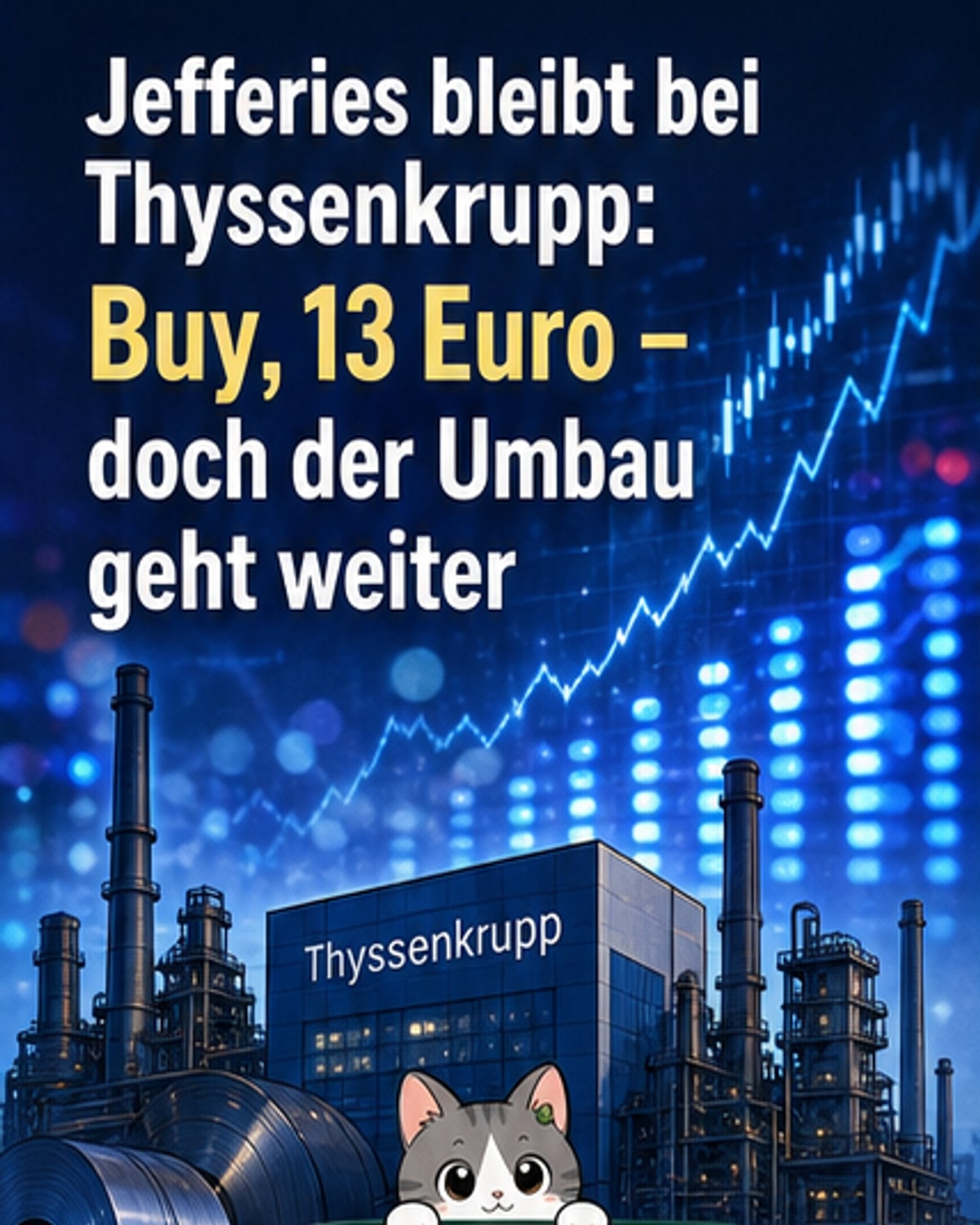 Ein Börsenmonitor zeigt den Thyssenkrupp-Aktienkurs mit der Markierung 'Buy' und dem Ziel von 13 Euro, umgeben von Analystenberichten und Firmenlogos.