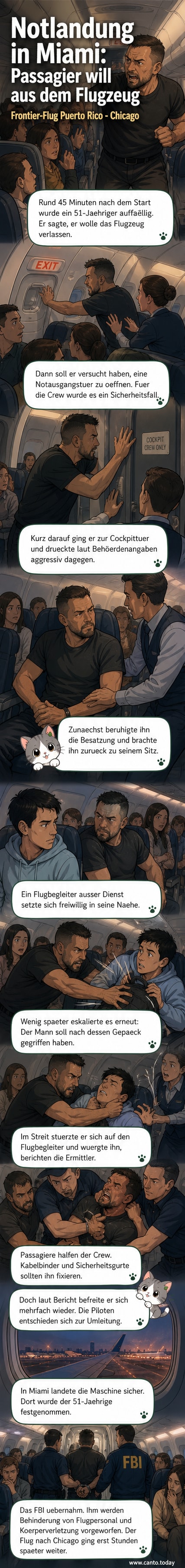 Illustration eines Flugzeugs mit Notausgang, während ein Passagier von mehreren Personen festgehalten wird; Hintergrund zeigt Miami.