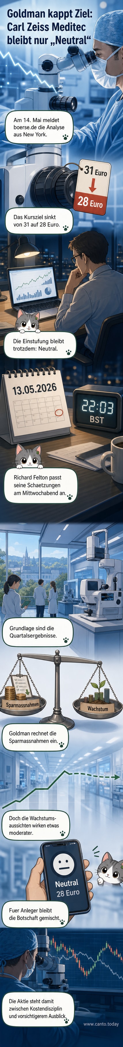 Illustration eines fallenden Aktiencharts mit dem Logo von Carl Zeiss Meditec und Goldman Sachs.