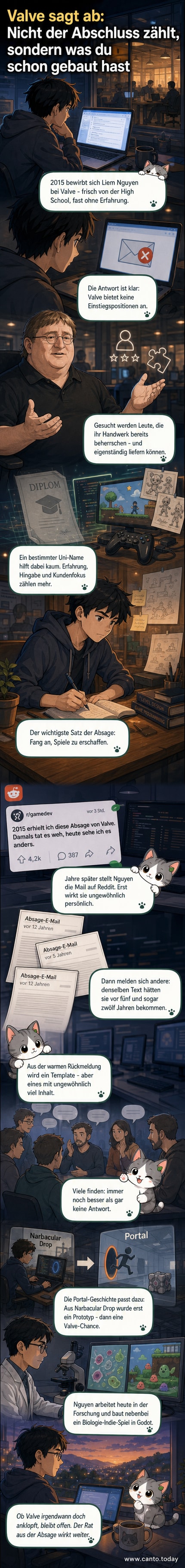 Illustration eines jungen Entwicklers, der eine formelle Absage von Valve erhält, mit einem darunterliegenden Schriftzug: 'Einfach anfangen, Spiele zu erschaffen.'