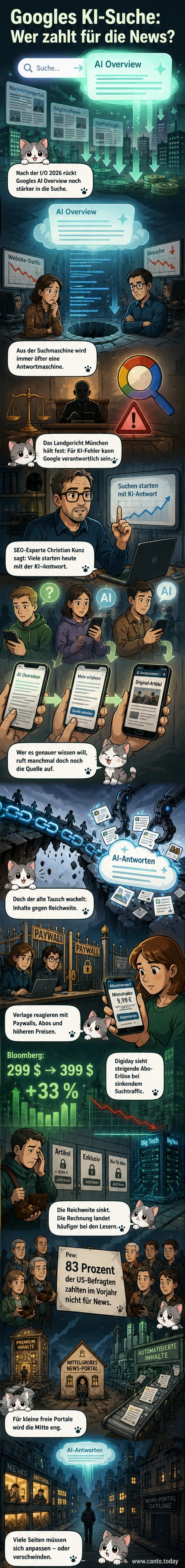 Illustration eines Suchrasters, das Nachrichtenartikel einsaugt, während ein KI-Avatar Google-Logos verteilt und Paywalls im Hintergrund steigen.
