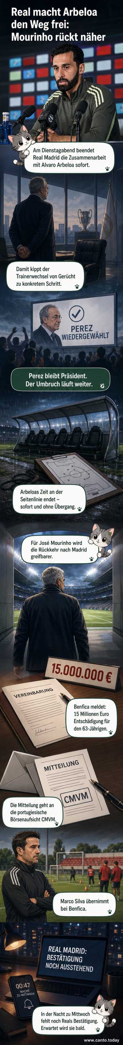 Illustration eines leeren Trainerstuhls vor dem Real Madrid-Vereinswappen, mit den Namen Arbeloa und Mourinho daneben.