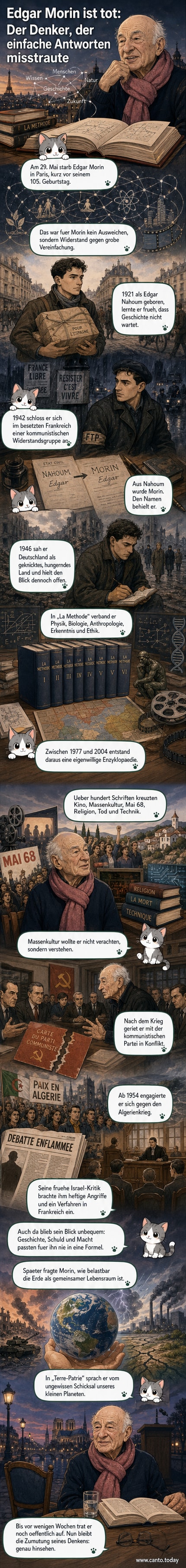 Porträtfoto von Edgar Morin, einem älteren Mann mit Brille und Bart, im Gespräch oder Vortrag, Hintergrund unscharf, vermutlich in einem öffentlichen Raum.