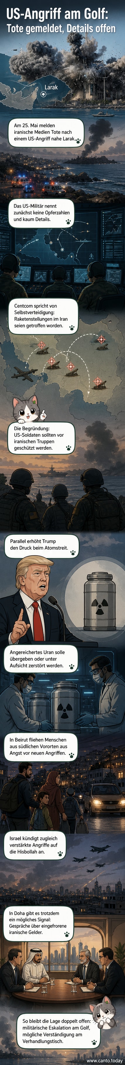 Illustration einer militärischen Konfrontation in der Straße von Hormus mit US- und iranischen Einheiten, Hintergrund mit Nachrichtenüberschriften zu Angriffen und diplomatischen Spannungen.