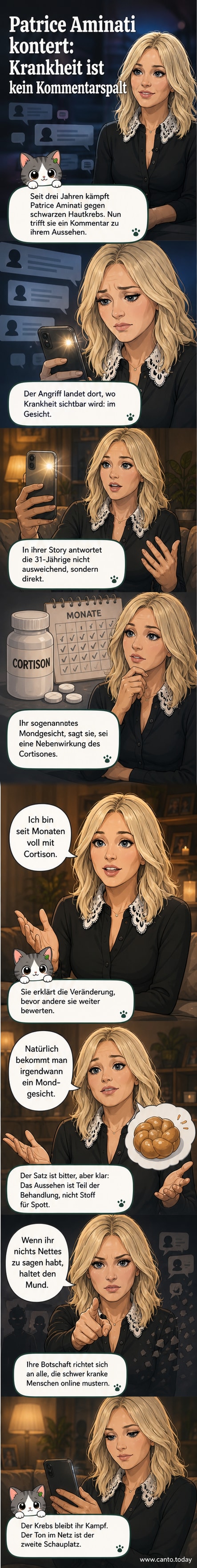 Patrice Aminati im Gespräch, im Hintergrund ein Foto von ihr mit sichtbaren Gesichtsveränderungen durch Cortison-Therapie.