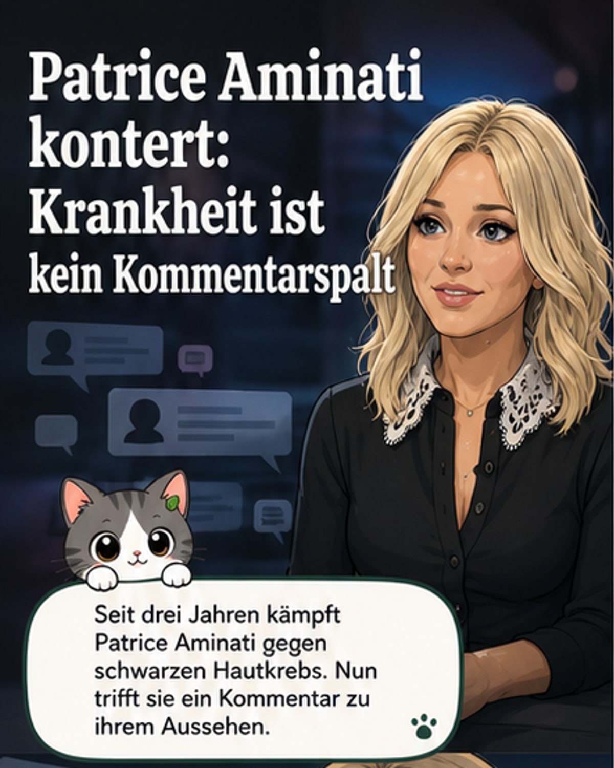 Patrice Aminati im Gespräch, im Hintergrund ein Foto von ihr mit sichtbaren Gesichtsveränderungen durch Cortison-Therapie.