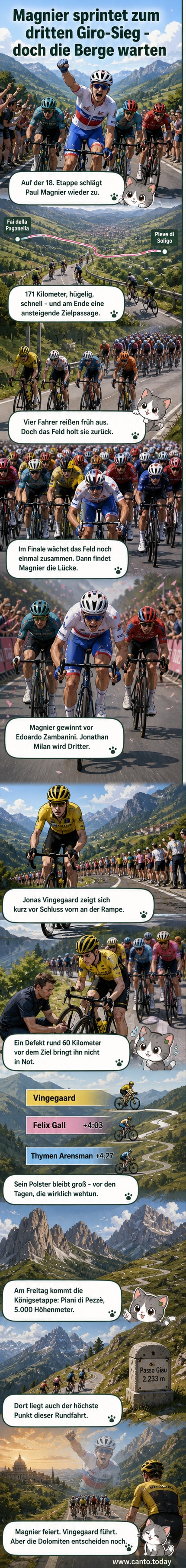 Paul Magnier im Trikot seines Teams sprintet zum Sieg auf der 18. Etappe des Giro d’Italia, während hinter ihm eine Gruppe Fahrer verspätet eingeht.