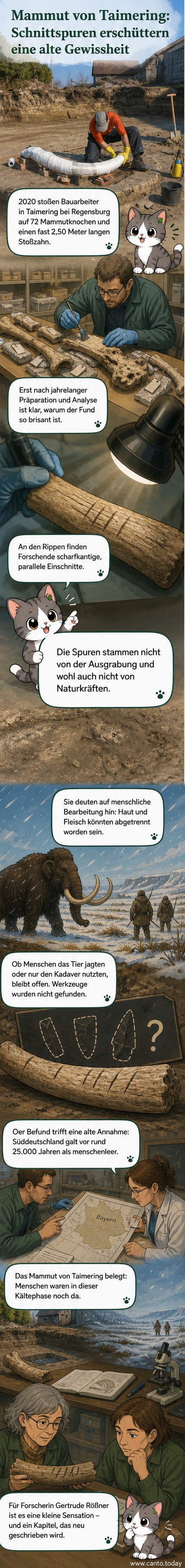 Rekonstruktion eines Wollhaarmammuts im Schnee, daneben archäologische Werkzeuge und Knochen mit Schnittspuren.