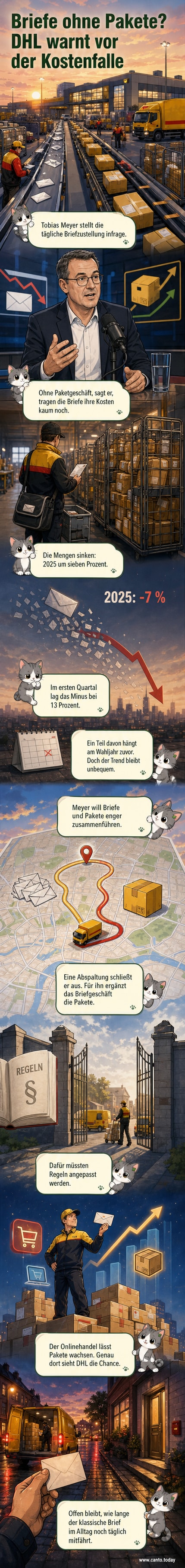 Abstrakte Darstellung eines Postboten, der einen Stapel Briefe neben einem großen Paket hält, während der Hintergrund in digitalen Linien zerfällt.
