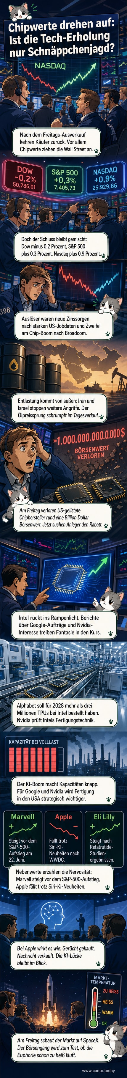 Aktienbildschirm mit steigenden Tech-Aktienkursen, besonders bei Chipherstellern wie Intel, nach einem turbulenten Börsentag