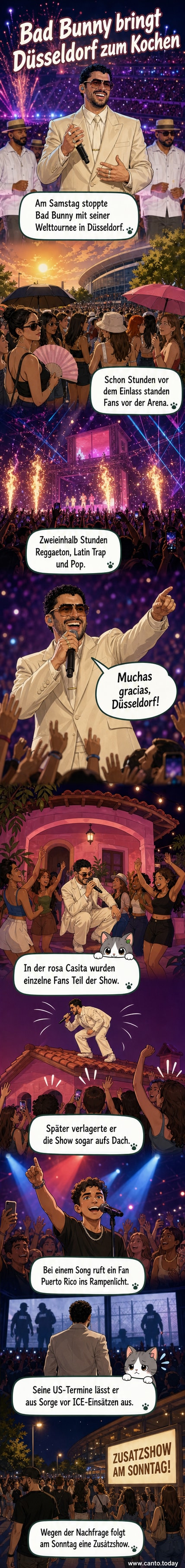 Bad Bunny performt auf der Bühne in Düsseldorf, umgeben von Pyrotechnik und Fans, mit Blick auf die rosa „Casita“ im Hintergrund.