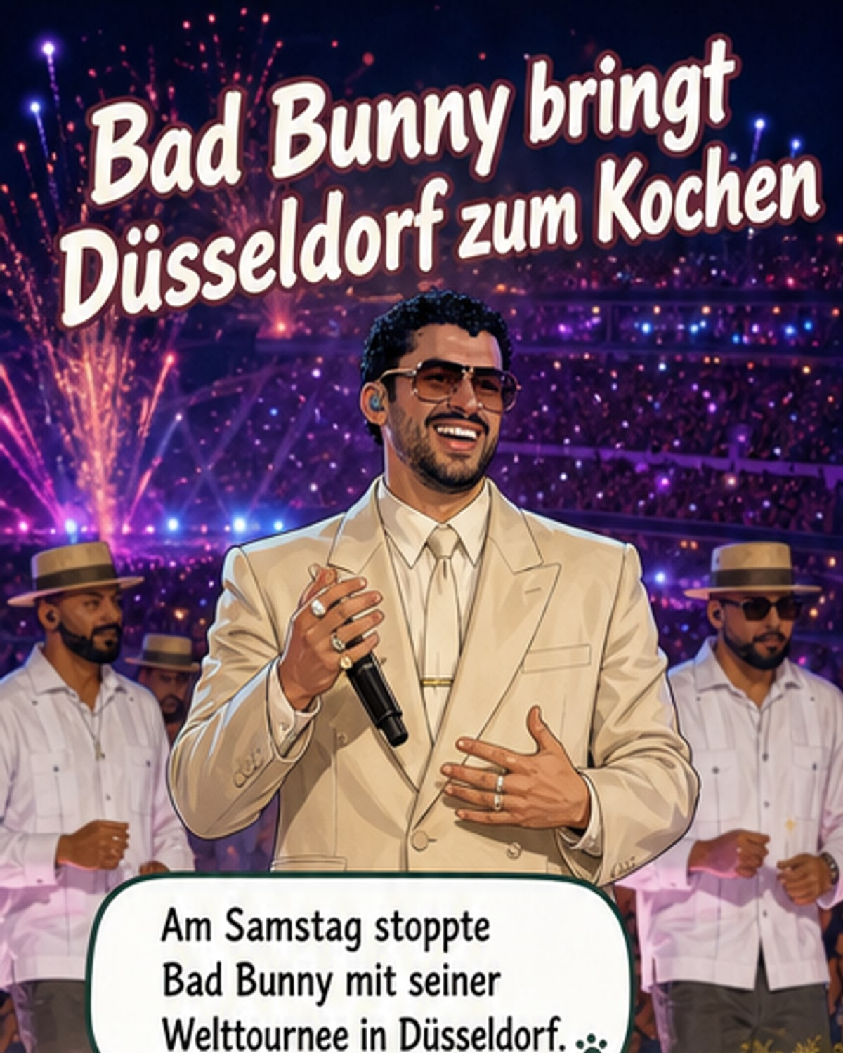 Bad Bunny performt auf der Bühne in Düsseldorf, umgeben von Pyrotechnik und Fans, mit Blick auf die rosa „Casita“ im Hintergrund.