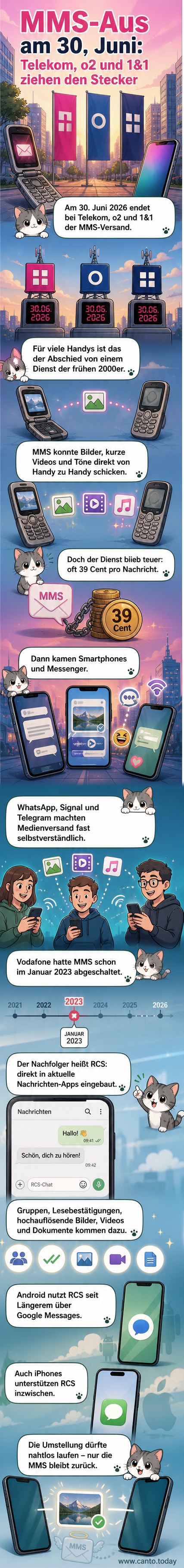 Ein altes Handy zeigt eine MMS-Nachricht mit einem Pixelbild, daneben ein modernes Smartphone mit einer klaren RCS-Chatnachricht.
