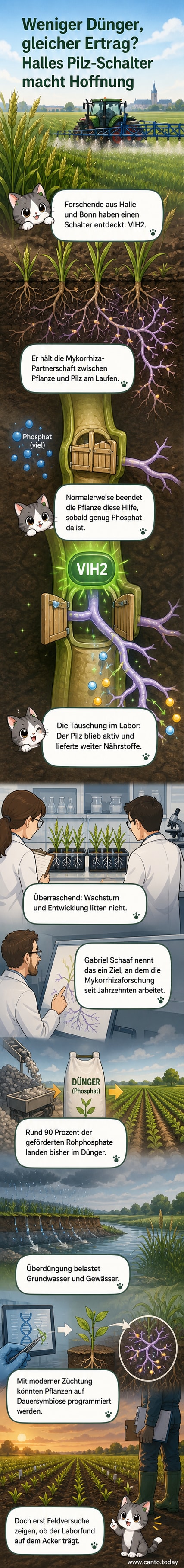 Illustration einer Pflanze mit Wurzeln, die in enger Symbiose mit feinen Pilzfasern steht, während ein Düngerstreuer im Hintergrund langsam verschwindet.