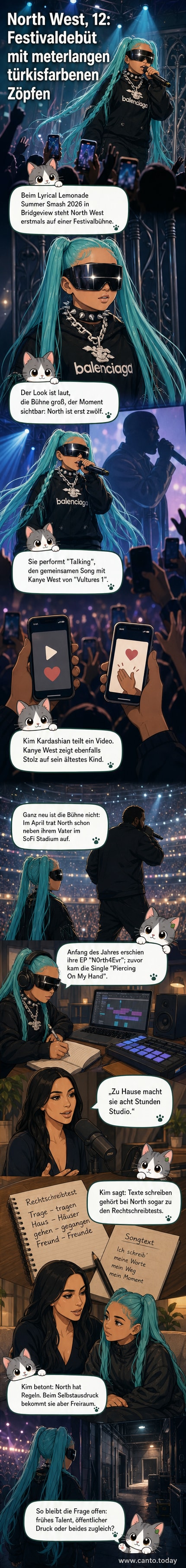North West mit langen türkisfarbenen Zöpfen und Sonnenbrille auf einer Festivalbühne, im Hintergrund jubelnde Menge.