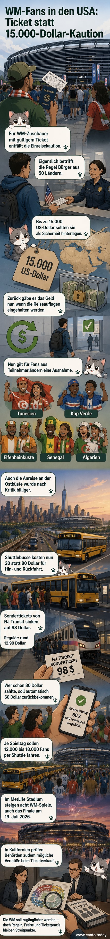 Fußballstadion mit vollen Rängen, Fans mit Nationalflaggen, im Hintergrund US-Skyline – Visualisierung der WM 2026 in den USA