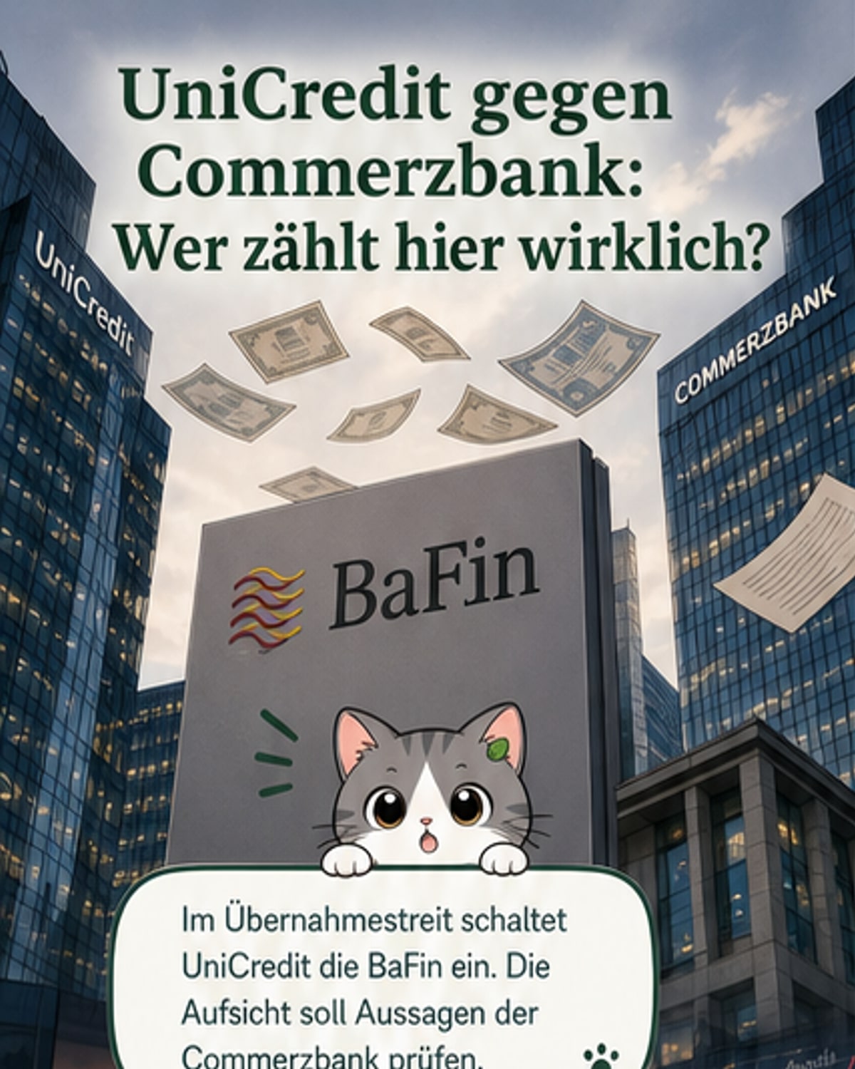 Zwei Bankgebäude stehen sich gegenüber, dazwischen steht die Aufsichtsbehörde BaFin wie ein Schiedsrichter.