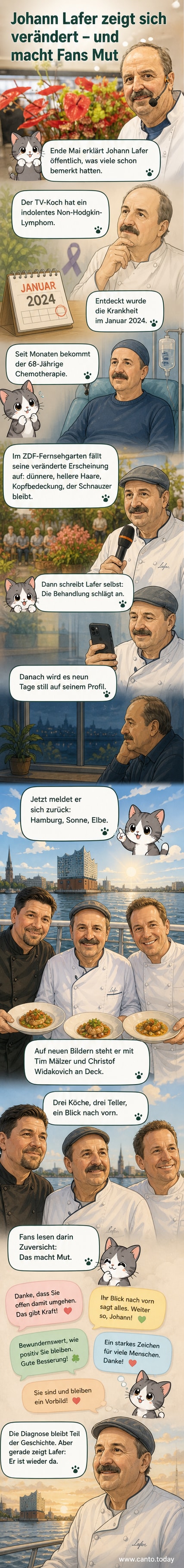 Johann Lafer lächelt neben Kollegen Tim Mälzer und Christof Widakovich, im Hintergrund die Elbe und Sonnenschein.