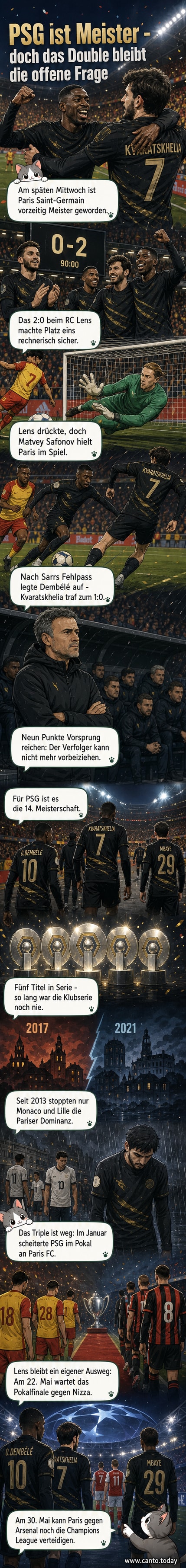 Fußballspieler feiern auf dem Rasen, PSG-Spieler jubeln nach dem Meistertor in Lens