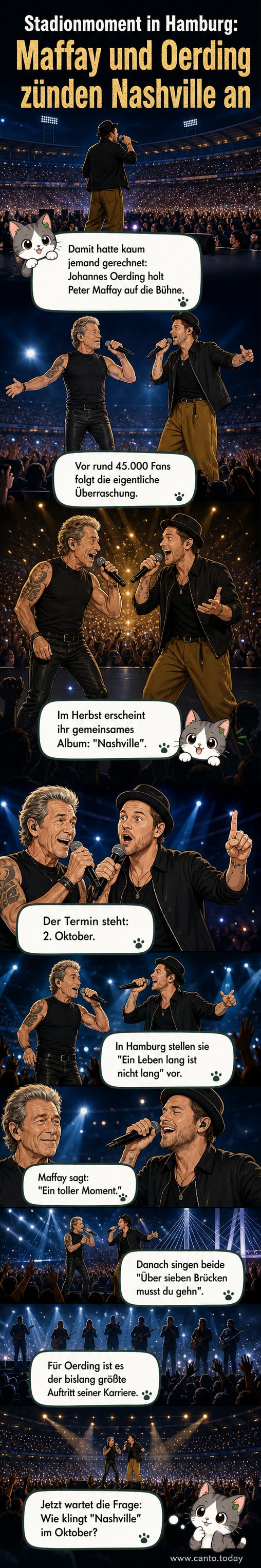 Zwei Musiker stehen auf einer großen Bühne, umgeben von Lichteffekten und jubelndem Publikum.