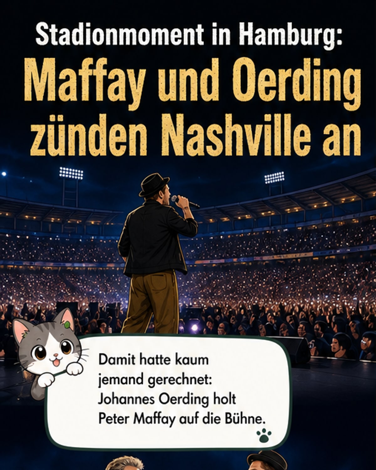 Zwei Musiker stehen auf einer großen Bühne, umgeben von Lichteffekten und jubelndem Publikum.