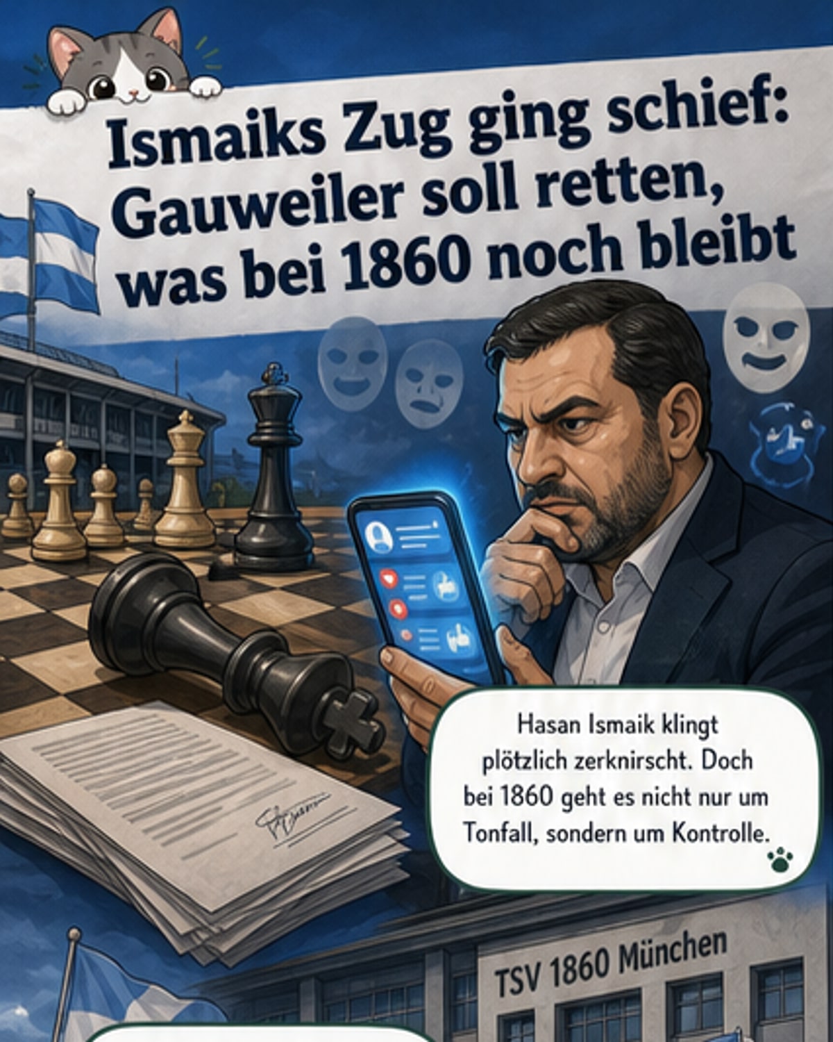 Abstrakte Darstellung eines Schachspiels vor einem Fußballstadion, symbolisierend den strategischen Kampf zwischen Investor und Verein.
