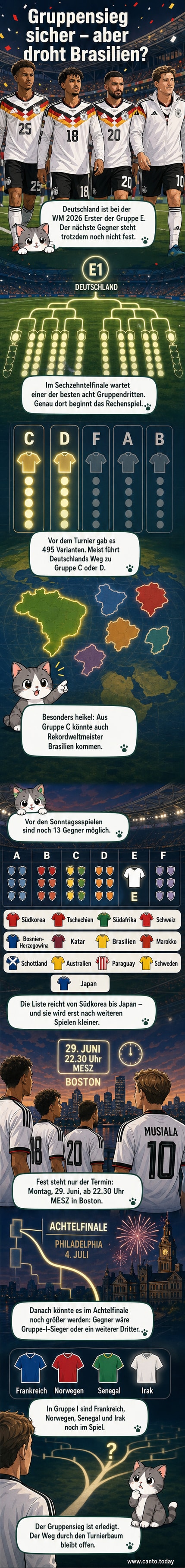 Fußball-WM 2026: Deutschland wartet im Sechzehntelfinale auf einen der besten acht Gruppendritten – möglicherweise Brasilien.