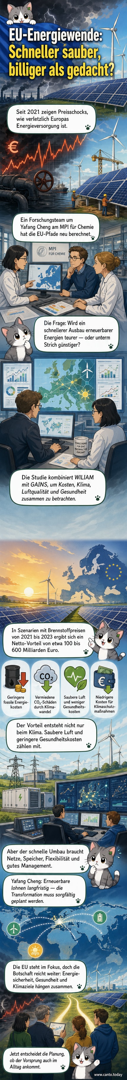 Abbildung einer europäischen Energiewende mit Windrädern, Solaranlagen und einem Graphen, der steigende Einsparungen bis 2050 zeigt.
