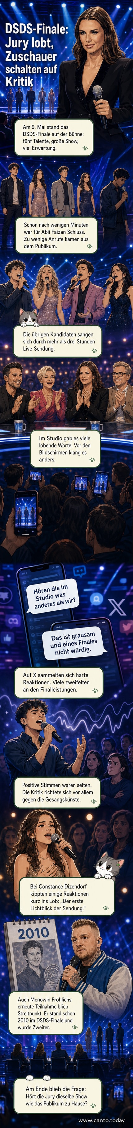 DSDS-Finale 2026: Fünf Kandidaten auf der Bühne, darunter Constance Dizendorf und Menowin Fröhlich, während Zuschauer im Hintergrund kritisch blicken.