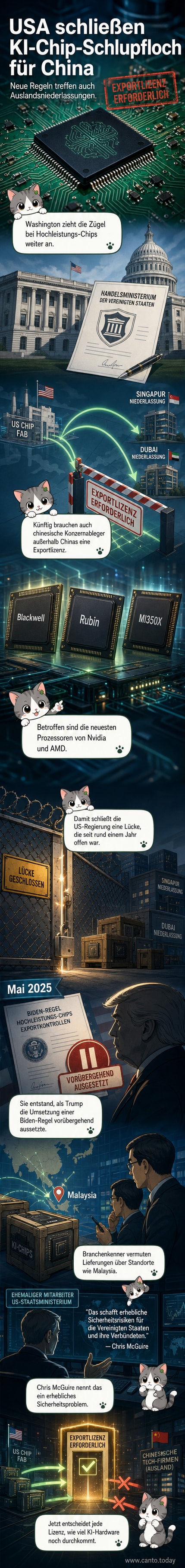 Illustration eines verschlossenen Liefersacks mit US-Flagge, vor dem ein chinesischer Roboter steht; im Hintergrund Silhouetten von Rechenzentren und Chips.
