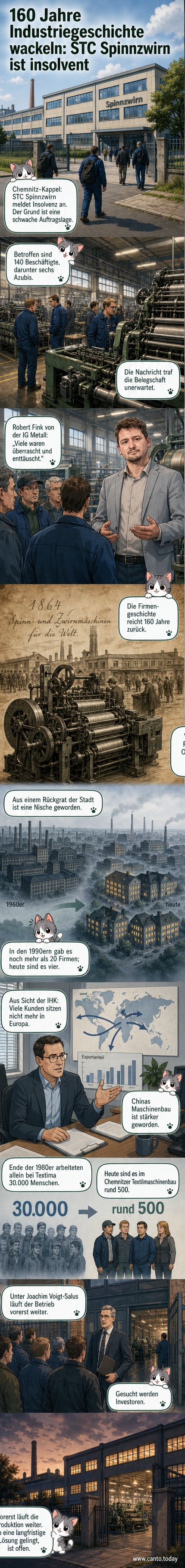 Ein Mitarbeiter steht vor einer Textilmaschine im Werk der STC Spinnzwirn GmbH in Chemnitz; im Hintergrund laufende Produktion, davor ein Schild mit Firmenlogo.