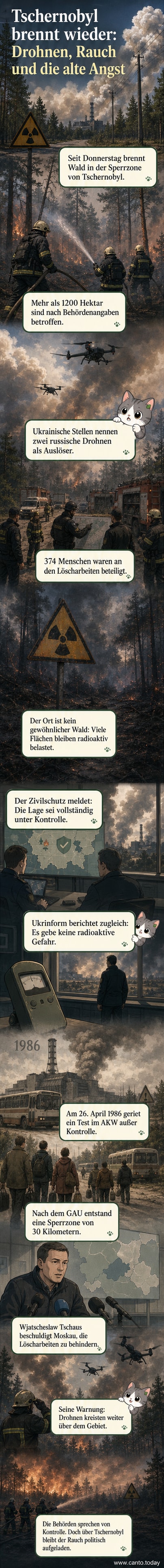 Rauch steigt über den Wäldern der Tschernobyl-Sperrzone auf, im Hintergrund Flugdrohnen – Feuerwehrkräfte im Einsatz.