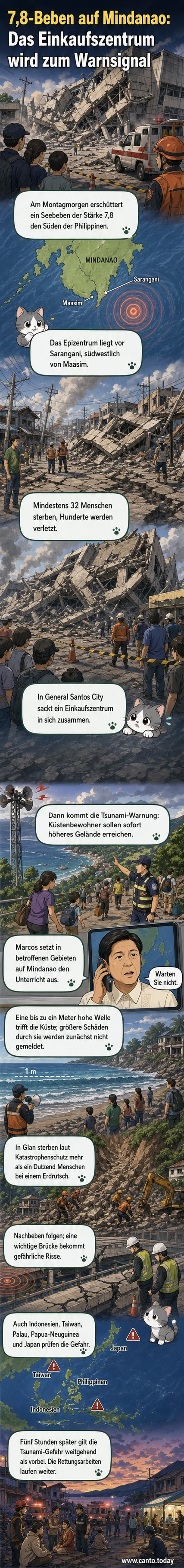 Zerstörte Gebäude und Trümmer in General Santos City nach dem Erdbeben der Stärke 7,8 auf den Philippinen.