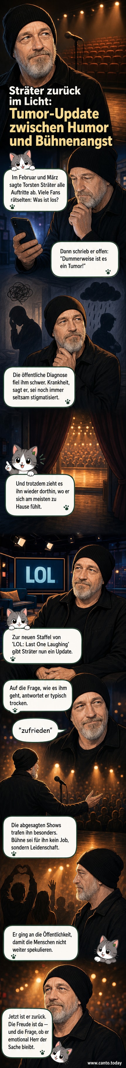 Torsten Sträter steht lächelnd auf einer Bühne, Hintergrundbeleuchtung in warmen Farben, Publikum im Halbdunkel.