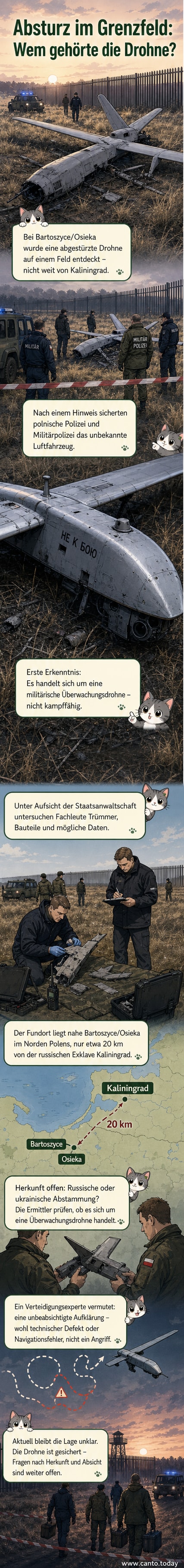 Abgestürzte Drohne auf einem Feld in der Nähe der polnisch-russischen Grenze, umgeben von Ermittlern und Absperrband.