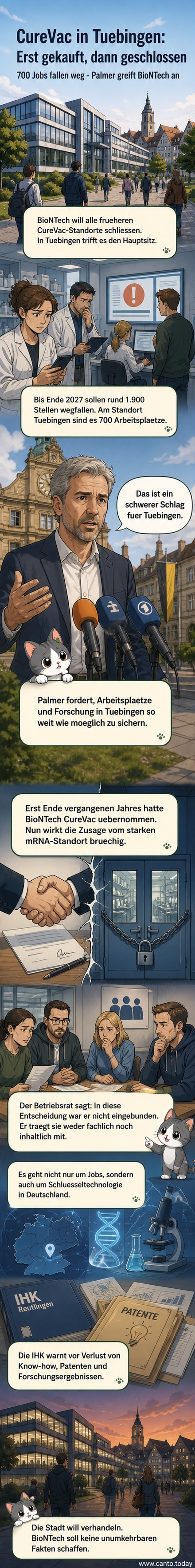 Illustration eines geschlossenen Biotech-Labors in Tübingen mit trauernden Wissenschaftler:innen und Protestplakaten, darunter 'Erst kaufen, dann killen'.